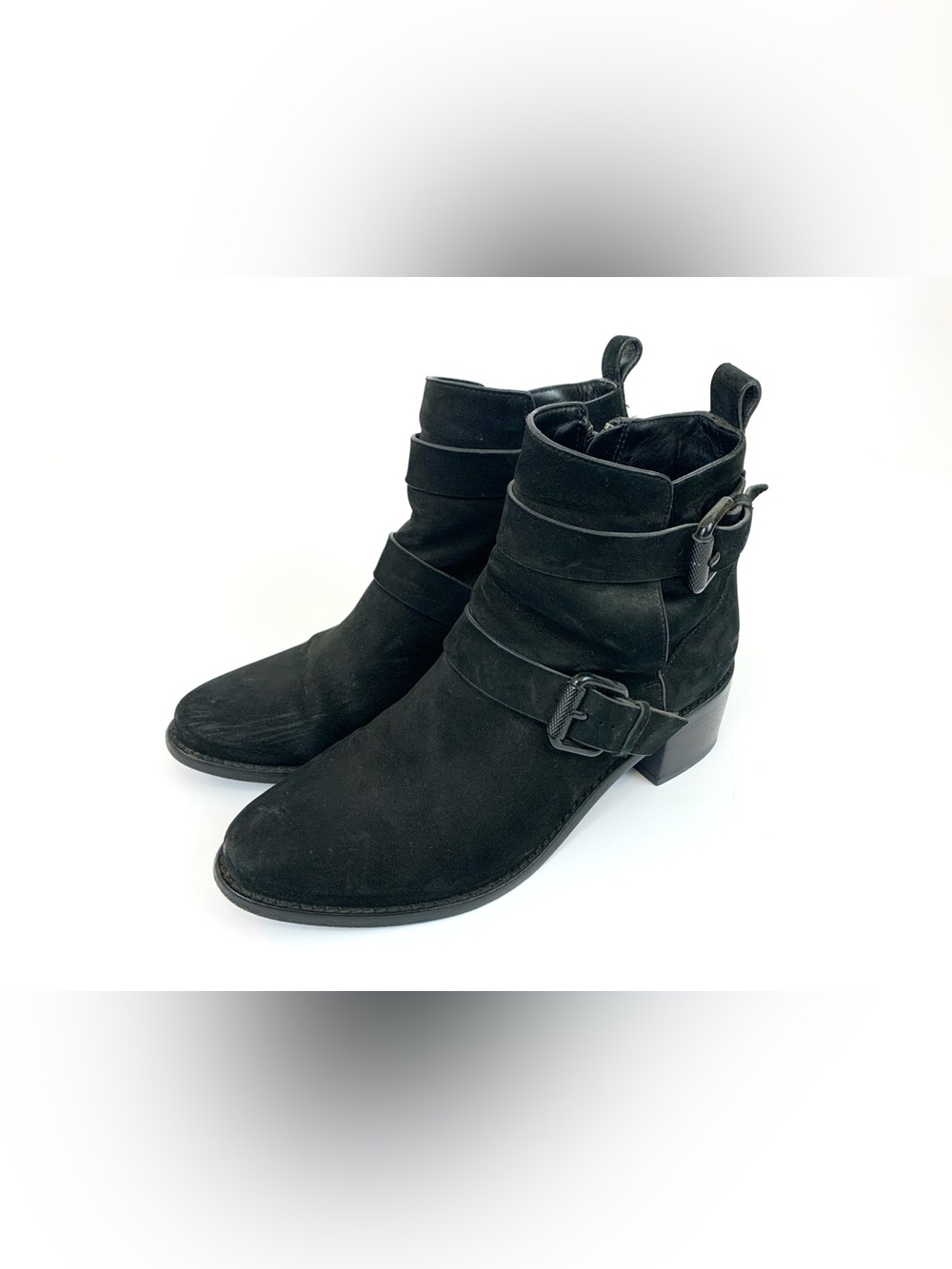 All Saints Flynn Black Suede Ankle Boots with Buckles